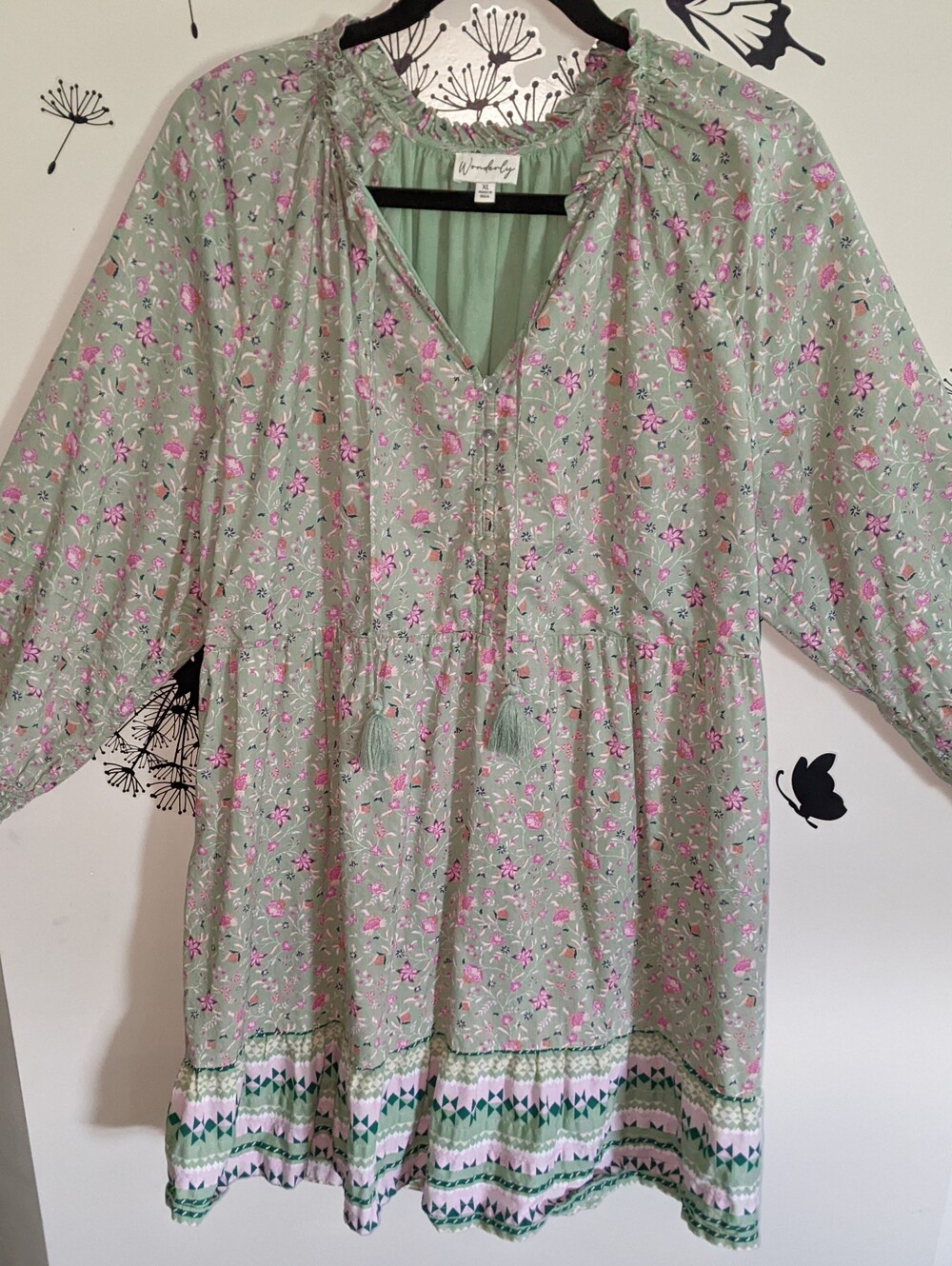 Wonderly Mint Green Floral Peasant Dress with Pink Blooms